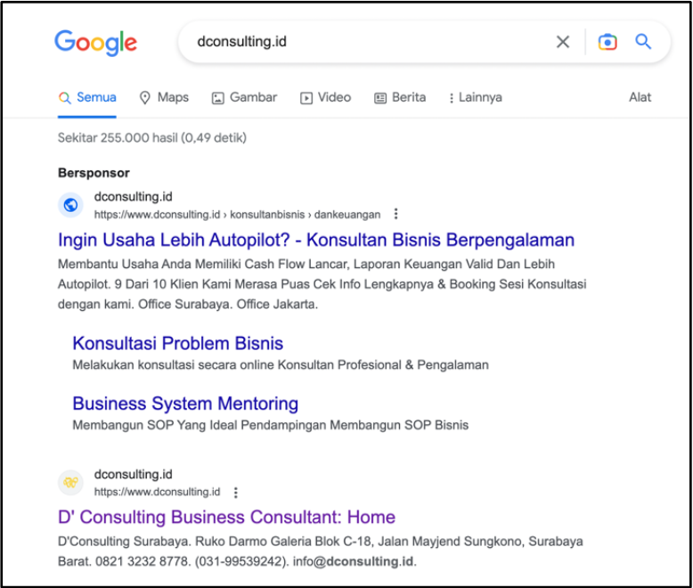 Ilustrasi pencarian profil perusahaan di Google.com