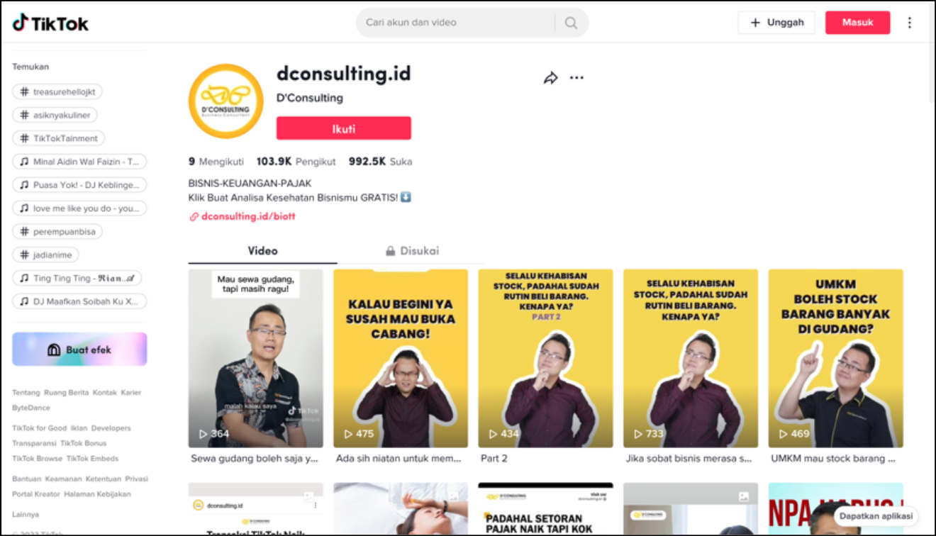 Akun tiktok yang dimiliki dconsulting.id