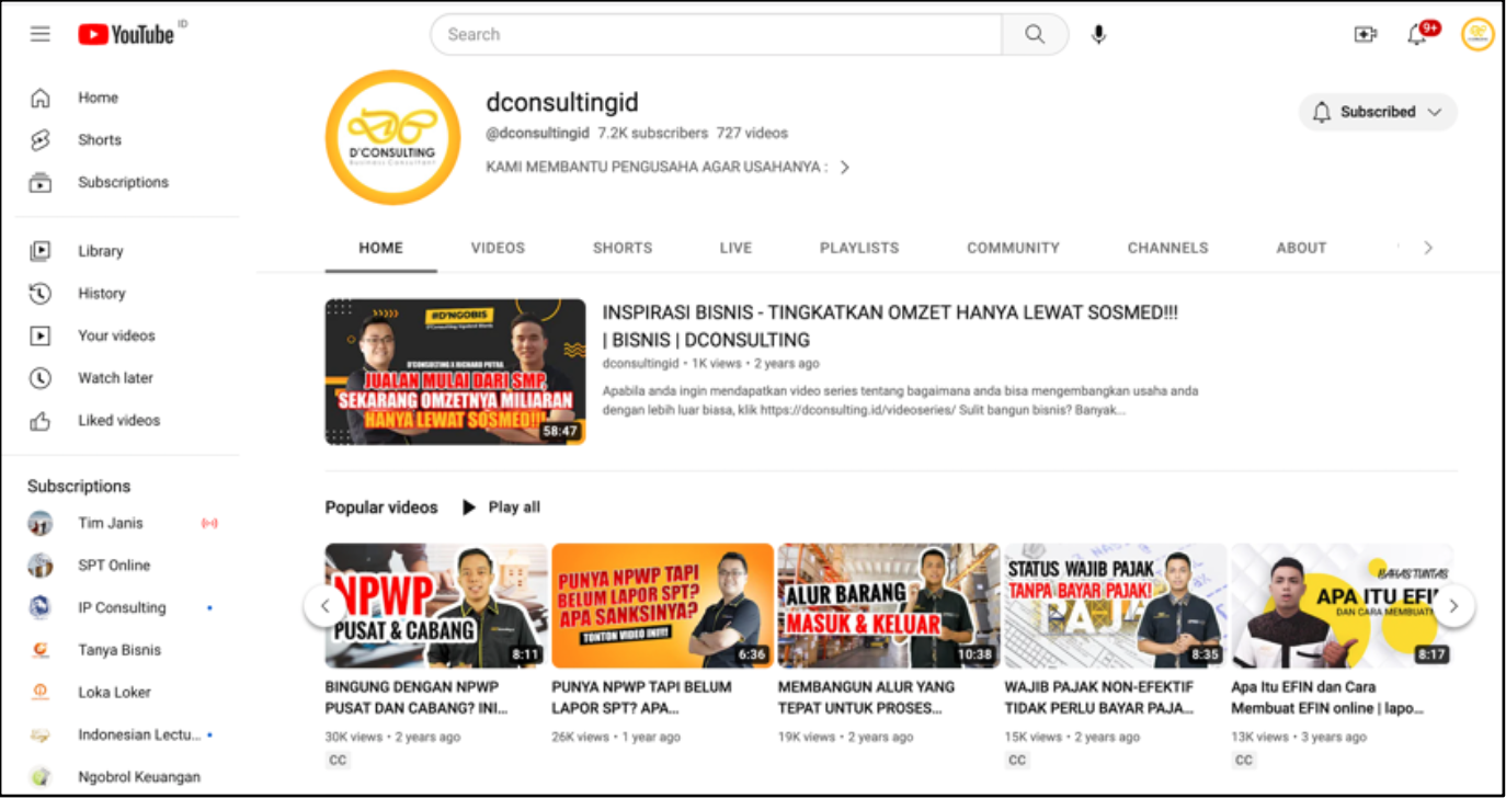 Akun Youtube dconsulting.id