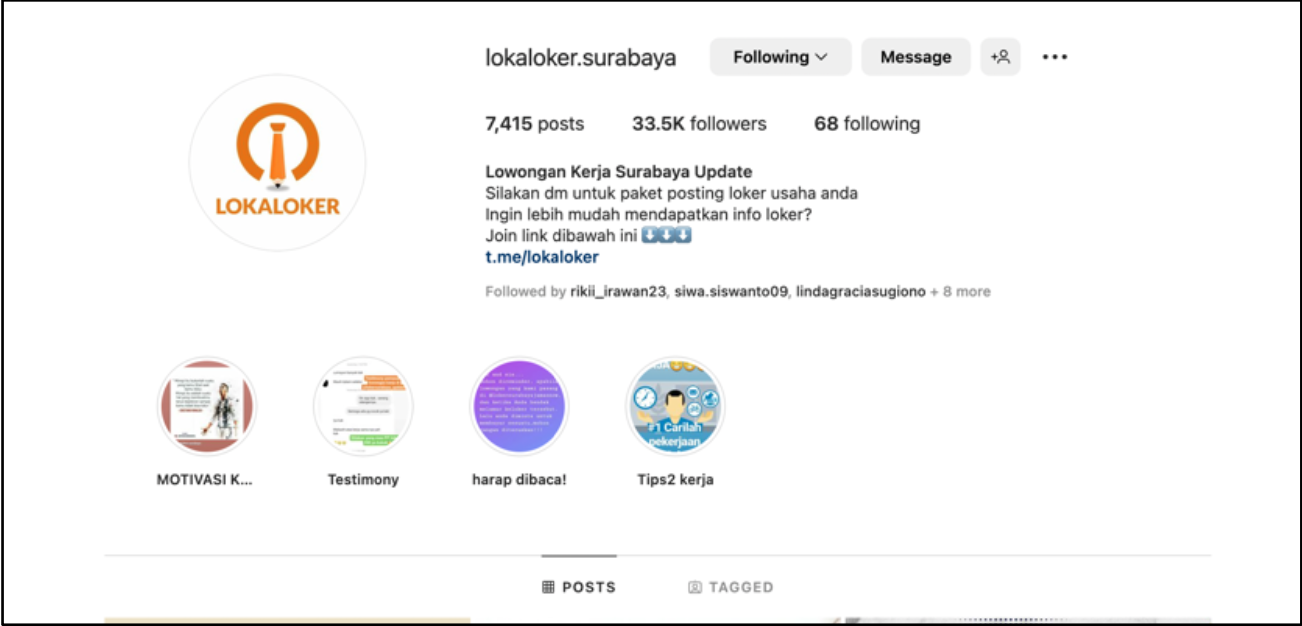 Salah satu akun instagram untuk publikasi lowongan kerja