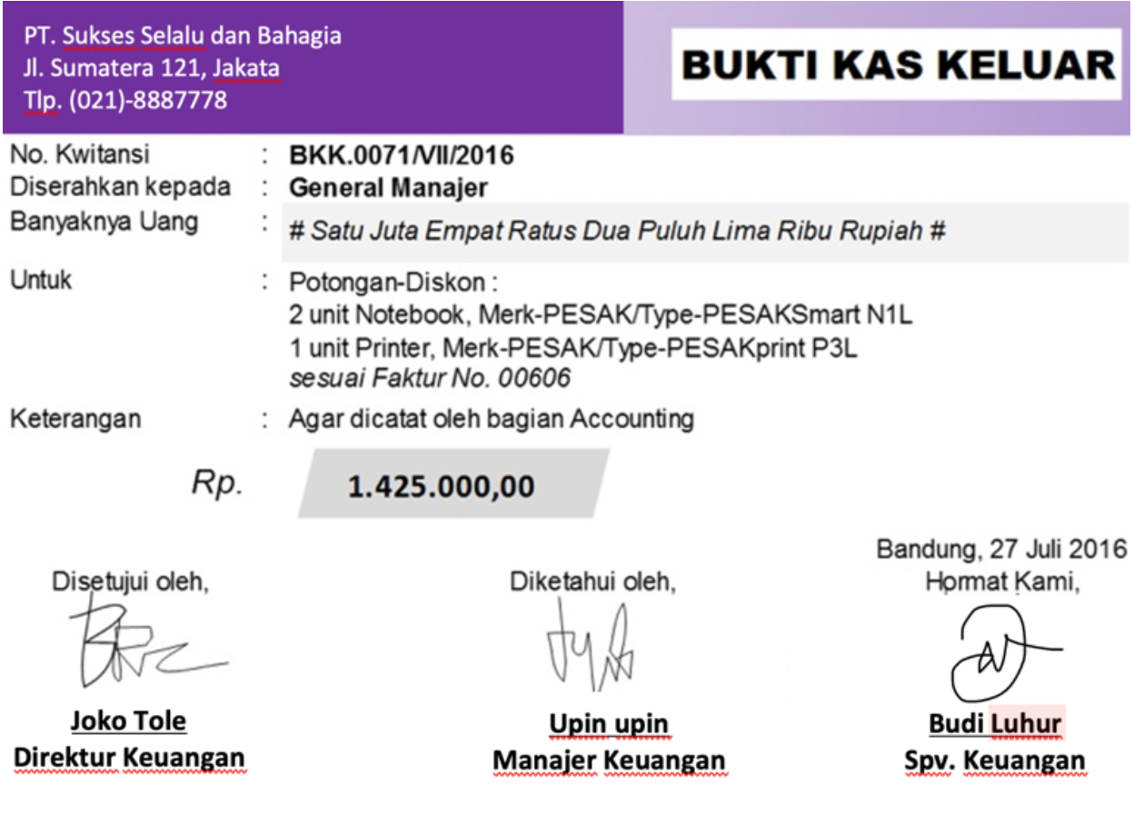 Contoh bukti transaksi perusahaan yang sudah ditandatangani